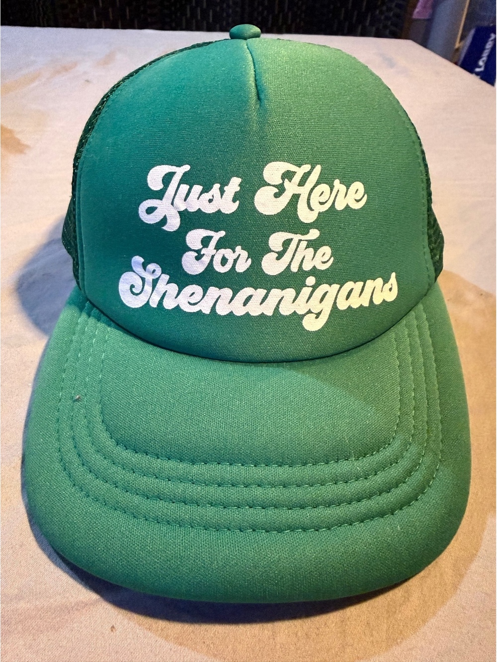 Green Mesh Back Trucker Hat with 'Just Here For The Shenanigans' Print